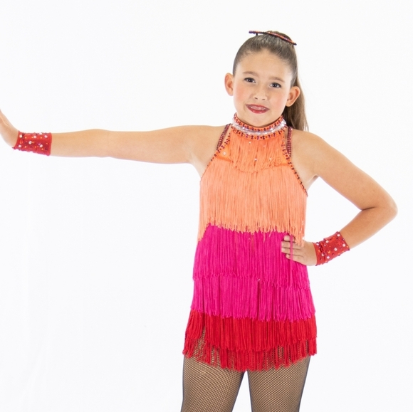 Weissman Fringe Dance Costume for Kids - Orange, Pink, and Red Size LC - Picture 1 of 16
